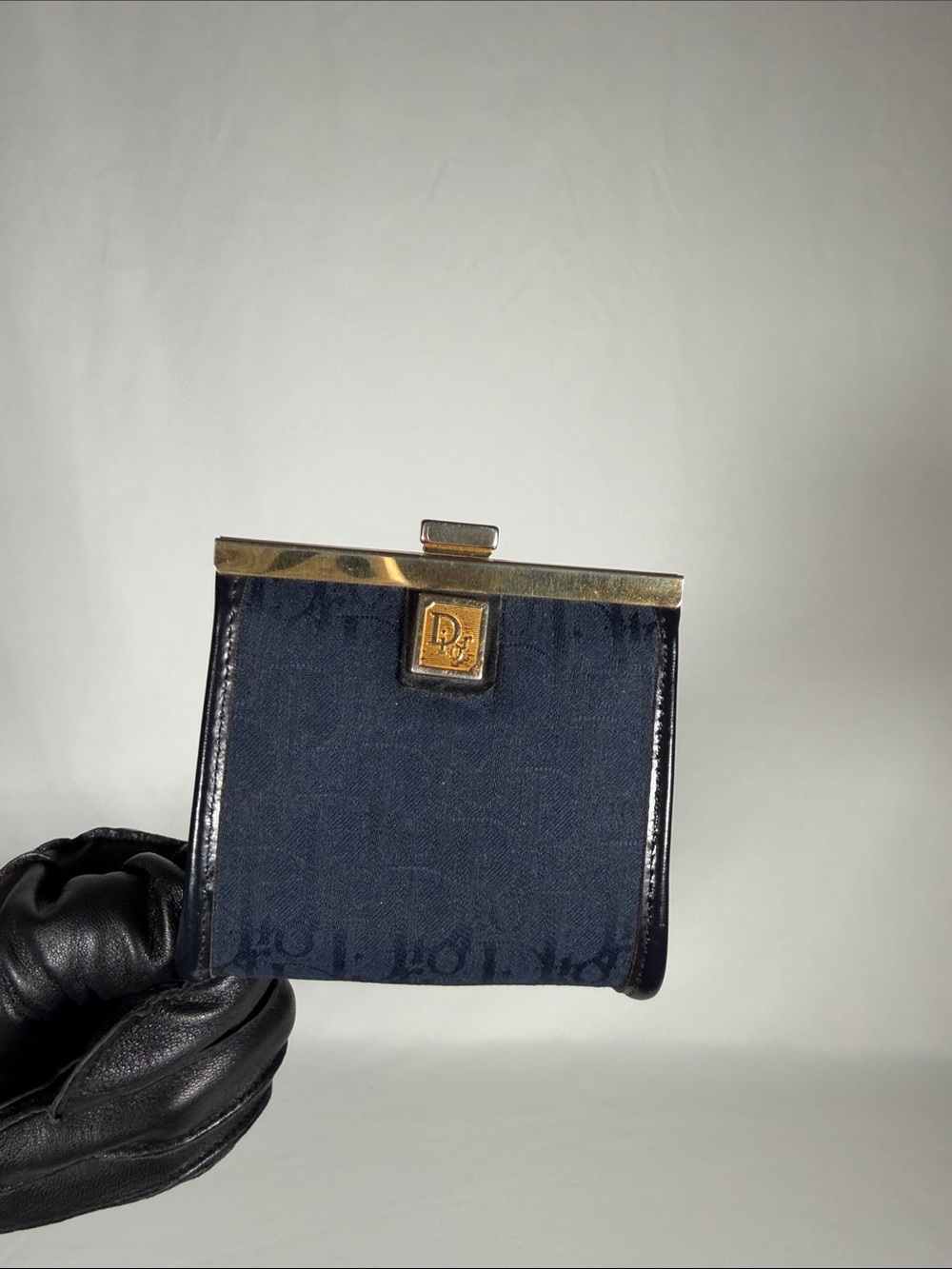 Christian Dior Navy Canvas Mini Frame Coin Purse with Gold Hardware